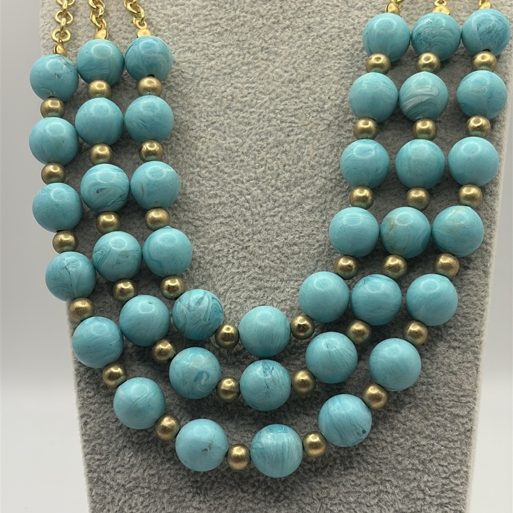 3 Layer Gold and Turquoise Boho Beaded Necklace 17-21”